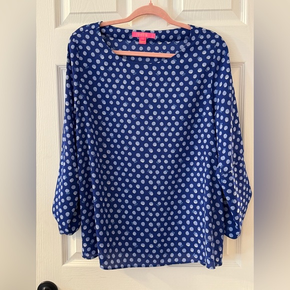 Lilly Pulitzer Tops - Lilly Pulitzer Blue and White Polka Dot Blouse
